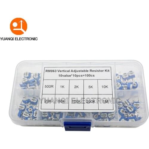 100PCS/LOT 10 Values *10PCS RM063 Vertical Adjustable Resistor Kit In Box 500 ohm-1M ohm Multiturn Trimmer Potentiometer Set