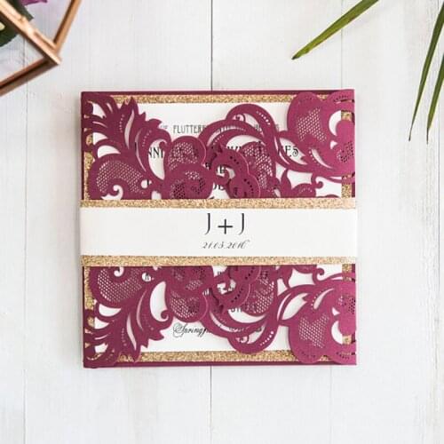 100 pieces/lot) Burgundy Wedding Invitations with Gold Glittery Belt Laser Cut Engagement Birthday Invitation Card IC148