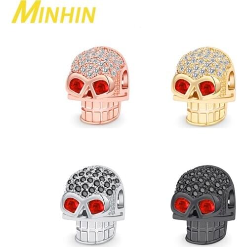 MINHIN 3Pcs Micro Pave Red Zircon Eye Skull Brass Beads for Jewelry DIY Making Material Bracelet Accessories