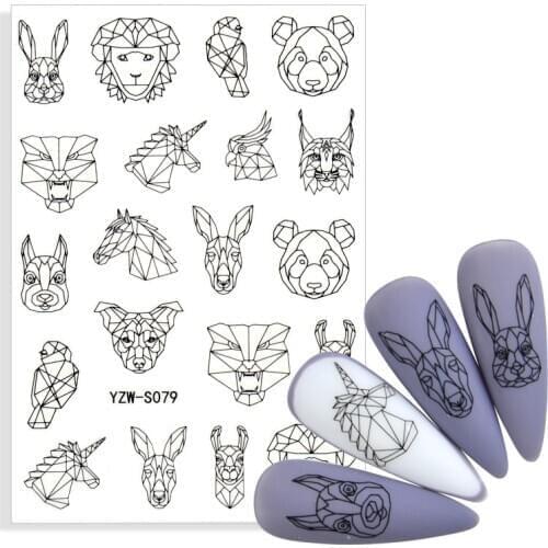 3D Self Adhesive Black White Abstract Geometry Animals Pattern Nail Art Decorations Stickers Tiger Panda Bunny Unicorn Decals