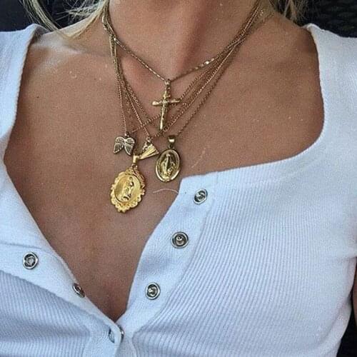 5 Pcs/Set Women Retro Necklaces Set Fashion Cross Virgin Mary Jesus Wings Geometric Chain Necklace Girl Exquisite Party Jewelry
