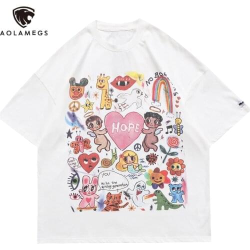 Aolamegs Cute Funny Angel Animals Painting Print Oversized T-shirt Men Harajuku College Style Hip Hop Tee Tops Summer Streetwear