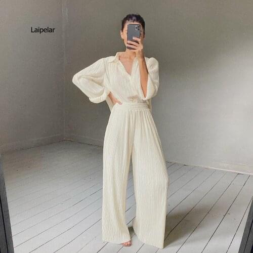 Wide Leg White Pleated Pants Two Piece Suit New Lapel Long Sleeve Loose Fit Women Fashion Tide Spring Autumn