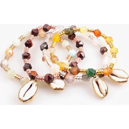 8mm Natural Stone bead & shell pendant Stretch Bracelet Women Beaded Jewelry