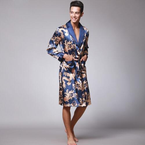 Stylish Mens Bathrobe Silk Kimono Long Sleeves Robe Chinese Lucky Dragon Print Pajamas Men Gown Bathrobe Men Homewear