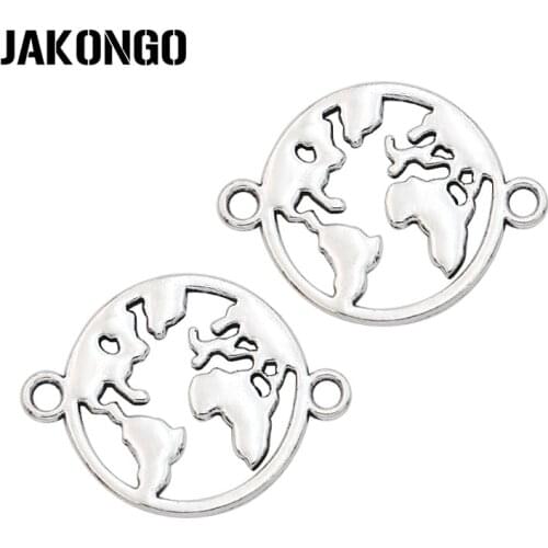 JAKONGO 10pcs Antique Silver Plated Global Map Connectors for Jewelry Making Findings Accessories DIY Craft 26x20mm