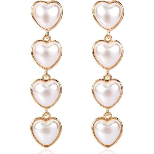 Korean Long Heart-Shaped Imitation Pearl Earrings Woman Vintage Elegant Golden Earrings For Lady Banquet Party Wedding Jewelry