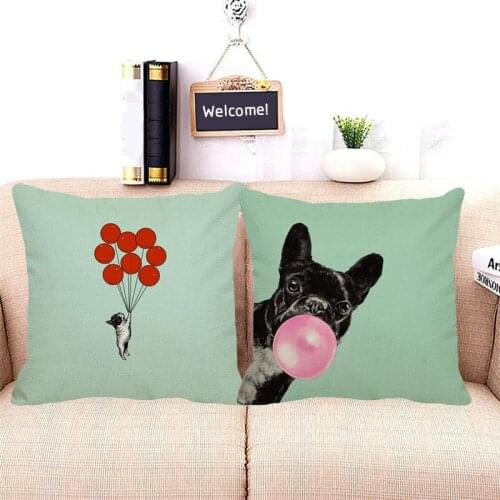 XUNYU Cute Cartoon Cushion Cover Bulldog Blue Background Printing Linen Pillowcase Home Decor Sofa Throw Pillowcase D0068