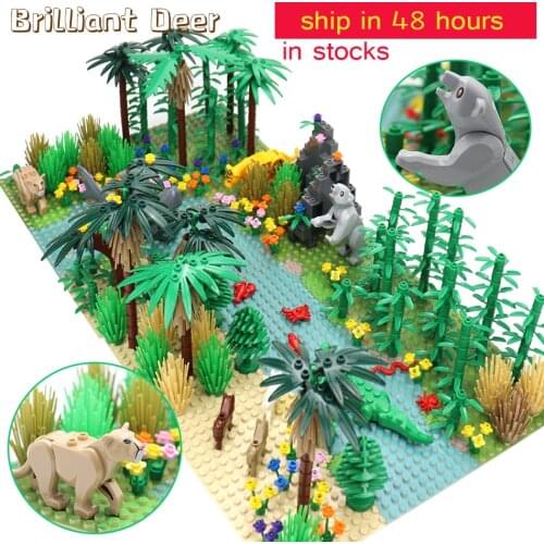 Rainforests Model City Bush Flower Grass Tree with Animals Base Plate DIY MOC Parts Compatible Friends Building Blocks