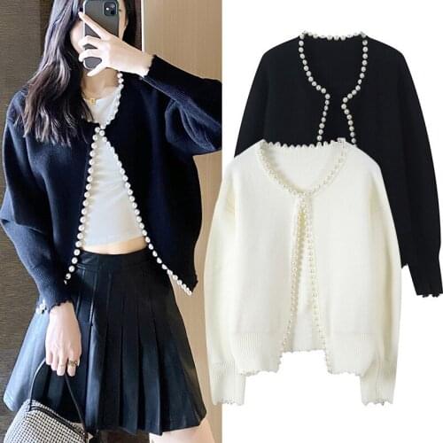 Fashion Short Coat Harajuku Knitted Cardigan Pearl O Neck Long Sleeve French Style Fairy Sweater Autumn