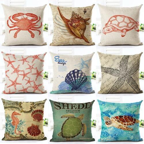 Marine Style Cushion Cover turtle crab Pattern Ocean beach Cotton Linen Pillowcase Waist Throw Pillow Cover almofadas 45x45cm