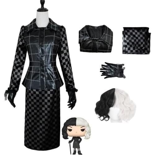 2021 New Cruella Demon Cosplay For Adult Leather Coat Skirt Black Slim Plaid Jacket Woman Elegant Dress Suits Movie Costumes