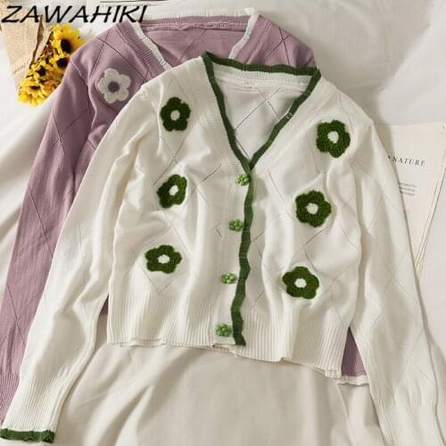 ZAWAHIKI Autumn Sweet Contrast Color Matching Striped Buttoned Cardigan Casual Tops Women Plaid Flower Long Sleeve Sweaters