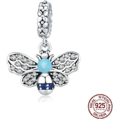 Insert Series Genuine 925 Sterling Silver Blue Enamel Bee Pendant Charm for Bracelet or Necklace Fine Jewelry
