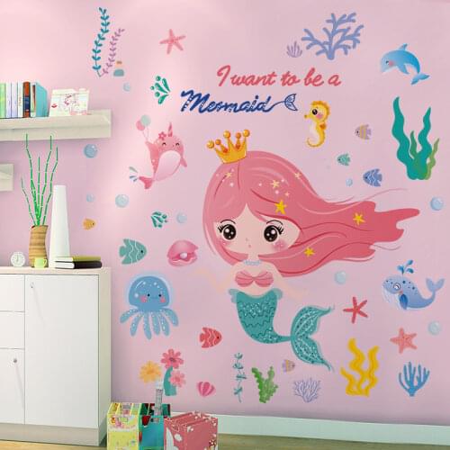 Underwater World Mermaid Wall Stickers DIY Girl Wall Decals for Kids Rooms Baby Bedroom Nursery Bathroom Home Decoration