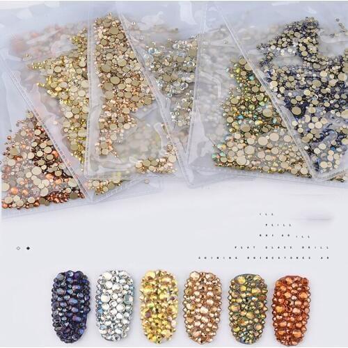 Mixed-size 1440pcs/Pack Crystal Rhinestones Non Hotfix Gold Flatback For Nail Art Decorations Rhinestones 3d Glass Charms ZD01