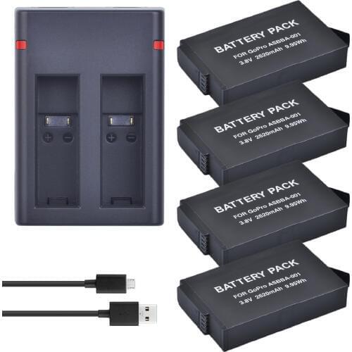 Tectra 4Pcs 2620mAh GoPro ASBBA-001 Battery + 2-Channel USB Dual Charger for Gopro Fusion 360-Degree Action Camer