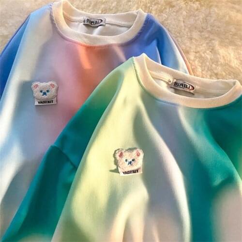 Japanese Tie Dye gradual change round collar bear hoodie lady spring autumn thin loose BF lazy wind lovers long sleeve blouse