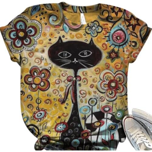 Womens T-shirt, summer retro cat bee graphic short-sleeved casual colorful T-shirt top soft breathable skin-friendly