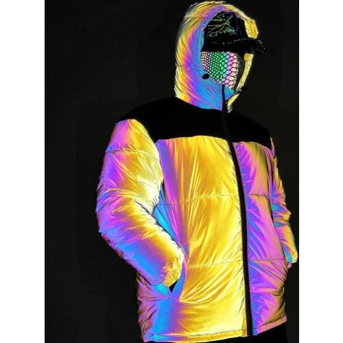 High Street Yellow Hooded Stitching Laser Colorful Reflective Cotton Jacket Personality Fashion Thicken Cotton Jacket