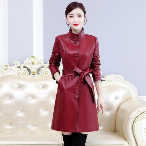 Women Elegant Faux Leather Jacket With Belt 2019 New Ladies Ventilation Washed PU Leather Trench Coats Female Long Outerwear