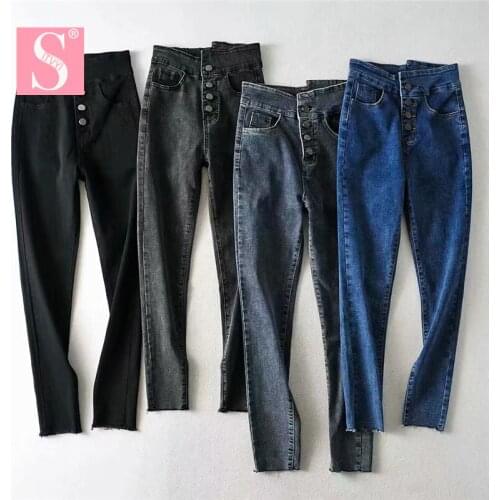 STVY Autumn 4 Breasted Buttons Irregular High Waist Women Jeans Ladies Skinny Stretchy Cowboy Pants Fashion Lift Hips Trousers