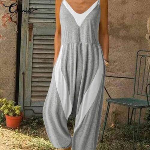 Women Jumpsuits 2021 Summer Vintage Casual Romper Celmia Sexy V-neck Sleeveless Casual Loose Patchwork Strap Knitted Playsuits