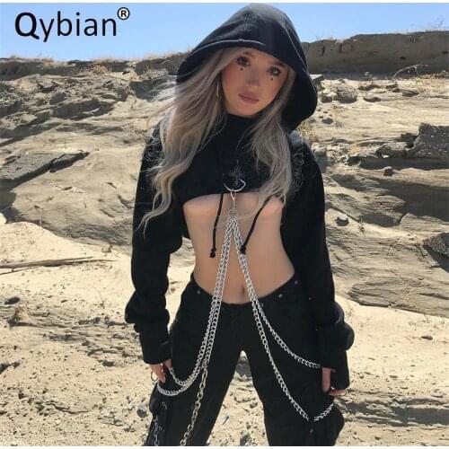 Dark Short Personality Chain Hip Hop Hoodies Sweatshirt Autumn 2021 Gothic Crop Top Print Sexy Cool Harajuku Hoodie