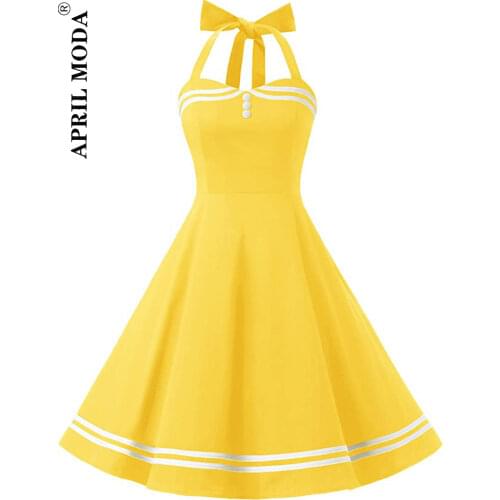 2020 Sexy Women Polka Dot Swing Party Dress Halter Blue Cotton A Line 60s 50s Pin Up Retro Vintage Rockabilly Jurk with Pocket