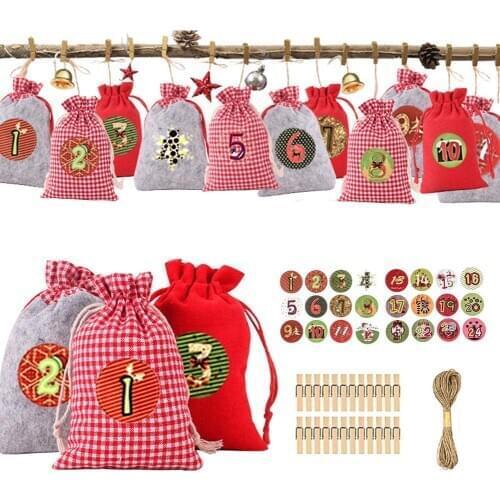 24pcs Advent Calendar For Filling Christmas Gift Cloth Bags With 1-24 Number Stickers Christmas Advent Bags For Christmas Gift