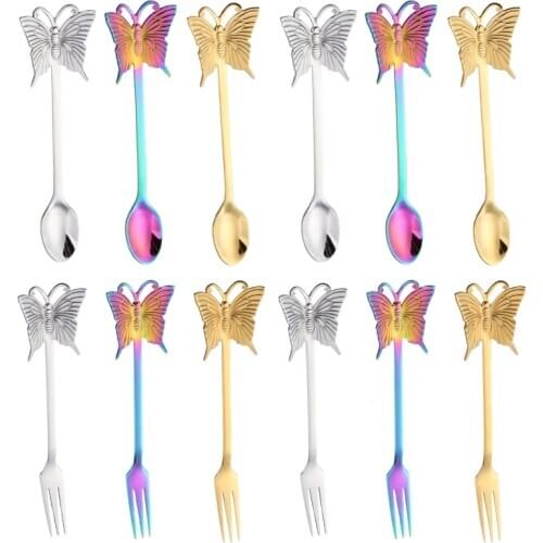 OOTDTY 6pcs Stainless Steel Butterfly Coffee Spoon Fork Soup Sugar Dessert Teaspoons Mixing Stirrer Kitchen Tableware