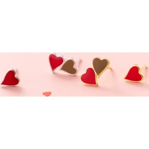 925 Sterling Silver Asymmetric Red Heart Female Stud Earrings For Women Epoxy Geometric Earrings Fashion Jewelry Girls Gift