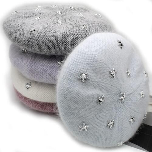 [Onidfurow] Fashion New Women Angora rabbit Solid Color Beret Female Bonnet Caps Winter All Matched Warm Walking Hat with stars