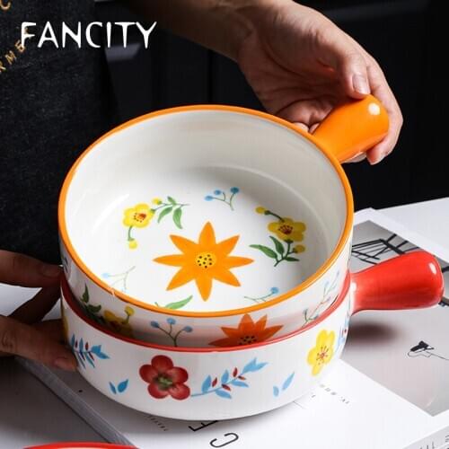 FANCITY Hand-painted handle bowl, ceramic baking bowl, fruit salad bowl, microwave oven home baked rice bowl