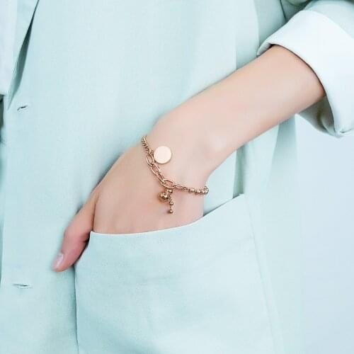 Danity Rose Gold Disc and Gourd Charm Bracelet in Stainless Steel Free Laser Engraving