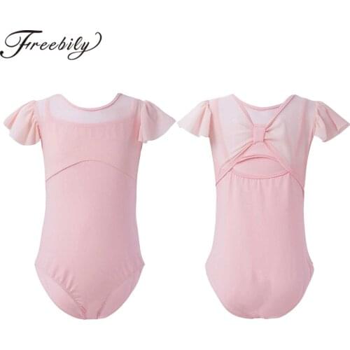 Kids Girls Ballet Leotard Gymnastics Dance Costumes Cotton Mesh Sleeve Patchwork Bowknot Hollow Back Dance Leotard Jumpsuit