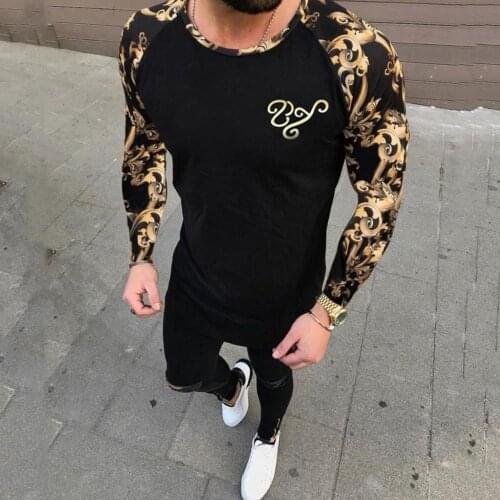 Autumn Casual Men Long Sleeve T-Shirt Top Floral Patchwork Round Neck T-Shirt For Mens Clothing Top
