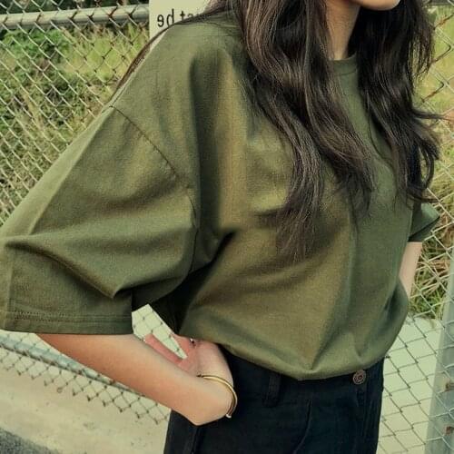 Summer Vintage Army Green T-Shirt Female Cotton O-neck Short Sleeve T-shirts for Women High Waist Stretch Sport Femme Solid Tops