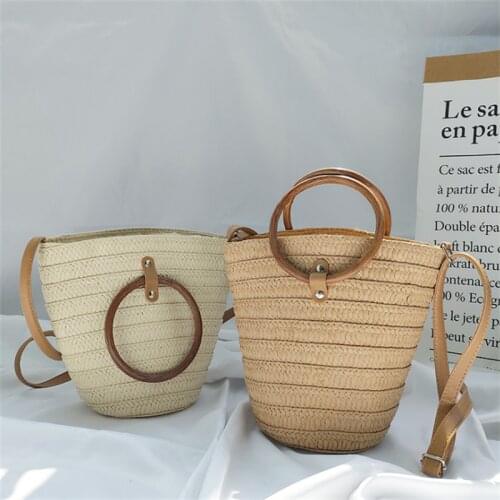 INS Holiday Handbag With Straw Basket Slung Over Bucket Bag With Womens Woven Beach Bag Handbag Slant