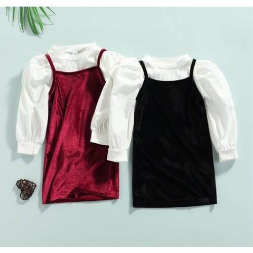 2021 1-6Y Autumn Kids Baby Girl Clothing Fashion Puff Long Sleeve White Blouse+Solid Velvet Suspender Dress Outfits 2pcs Set
