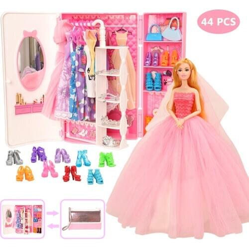 Fashion 39 Items/Set= 1 Dollhouse Handbags Wardrobe + 38 Doll Accessories Dolls Clothes Dresses Crowns Necklace Shoes For Barbie