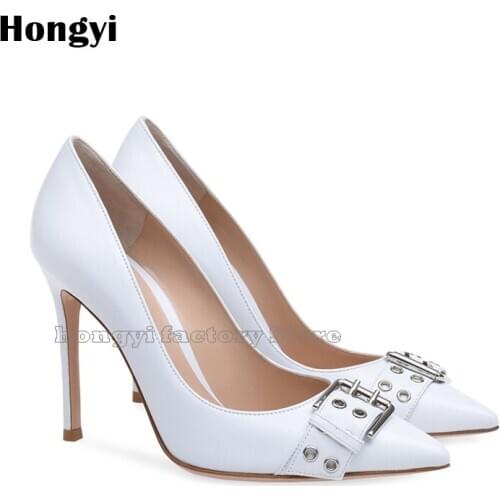 Fashion White Leather Silvery Metal Buckle Shoes High Heels Italian Euro Designer Pumps New Heels Shoe Heel Women