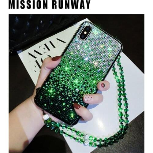 Fashion Gradient Color Bling Diamond Case Cover With Crystal Neck Chain For iPhone 12 Mini 11 Pro XS Max XR X 8 7 6 6S Plus