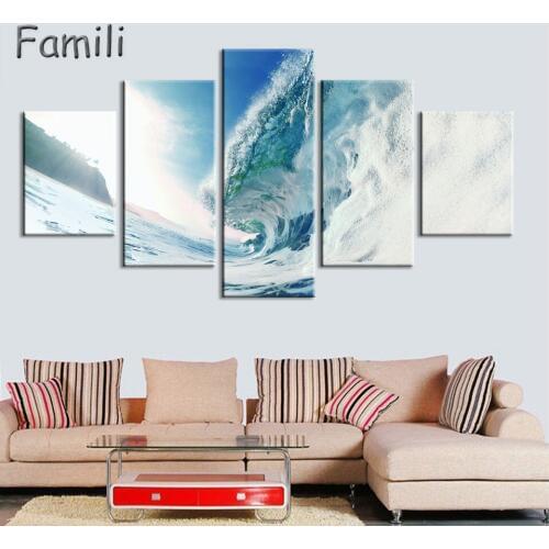 Good Quality Modular Picture 5Pcs Waves Blue Sea Shark Modern Cuadros Decor Canvas Painting On The Wall Pictures For Living Room
