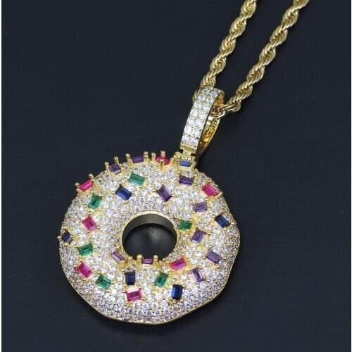 New Design Iced Out Cubic Zirconia Donut Necklace Women Men Hip Hop Bling Micro Paved AAA CZ Stone Round Pendants Chain Jewelry