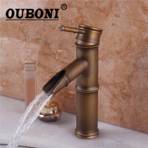 OUBONI Antique Brass High Quality Brass Basin Faucet Hot and Cold Water Single handle Single hole Bathroom Mixer Tap
