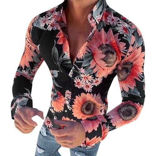 Stylish Mens Autumn Long Sleeve 3D Floral Print Down Cotton Slim Shirt Men Fashion Casual Male Social Business Dress Shirts