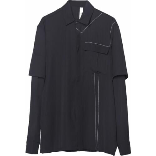 Dark design personality car line draping shirt false two pieces of splicing design long sleeve large size shirt man