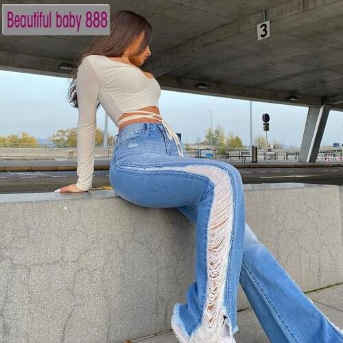 Meqeiss Ripped Flared Jeans Women Stitching Washed Denim Pants Bleached Skinny Wide Leg Pants 2021 High Waist Retro Streetwear