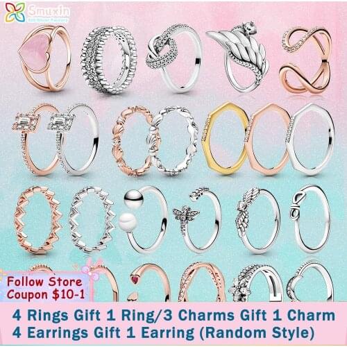 Smuxin Sparkling Rings 925 Sterling Silver Rings Seashell Crown Geometric Shapes Sparkle Halo Rings 925 Women Rings Girl Rings